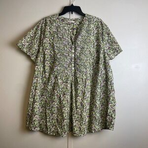 Woman Within Green Purple Floral Pintuck Cotton Tunic Top 1X 22/24 NEW